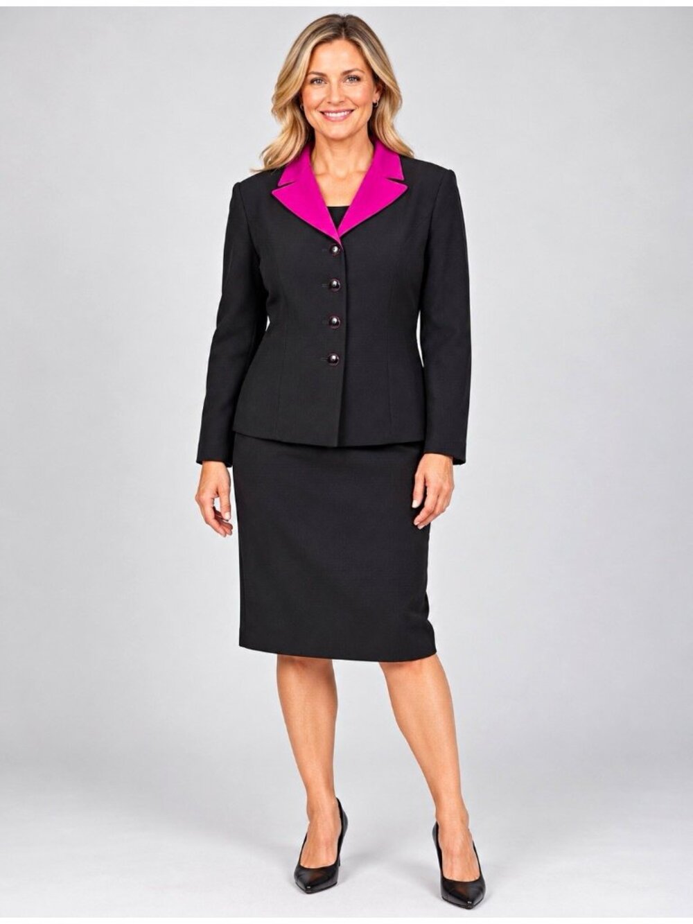 Le Suit Petite Black Skirt Suit 10P Fuchsia Lapel Blazer Skirt 2-Pc Set